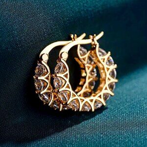 Gold Sunburst Huggie Hoop Earrings Crystal Pave Celestial Boho Statement